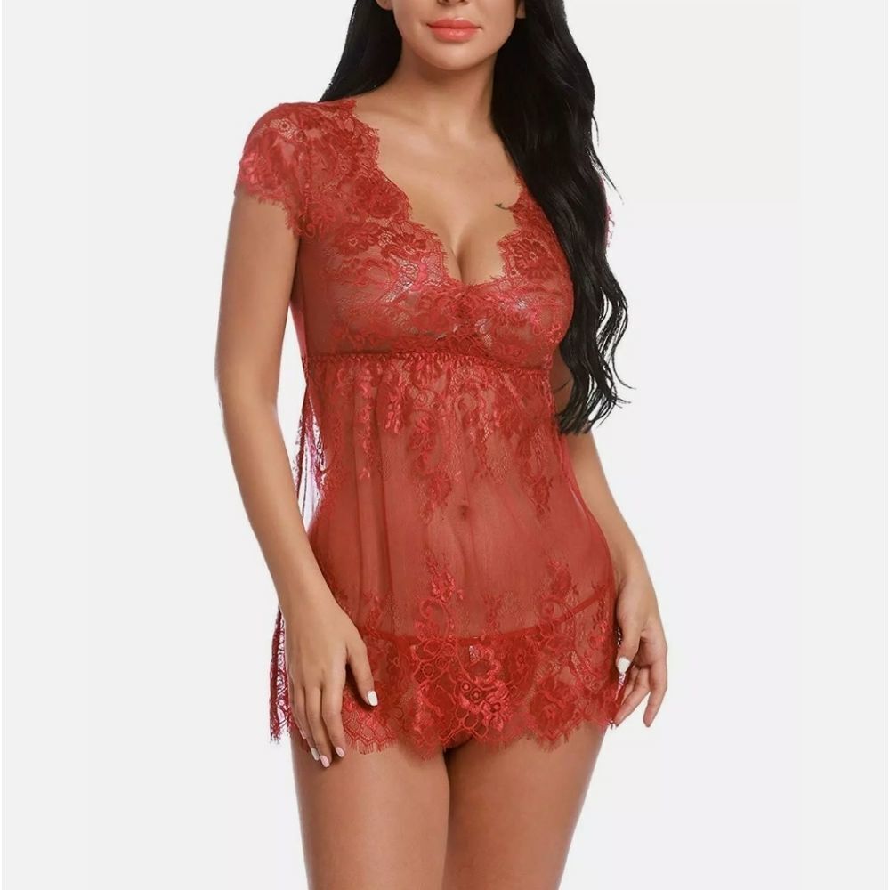 Womenย Eyelash Lace SexyโLingerie See-Through Babydoll Sleepwear Blue Dress Set